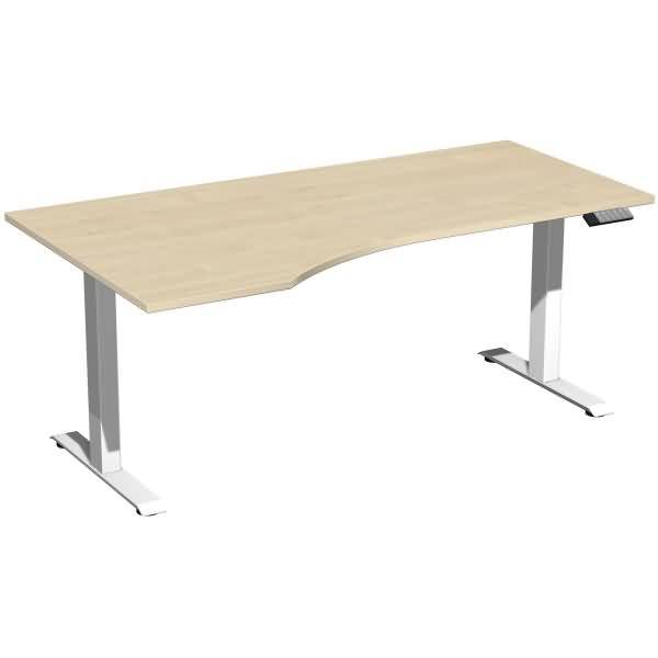 Ein helles Holz-Stehschreibtisch mit weißen Metallbeinen und Fußkappen auf weißem Hintergrund.