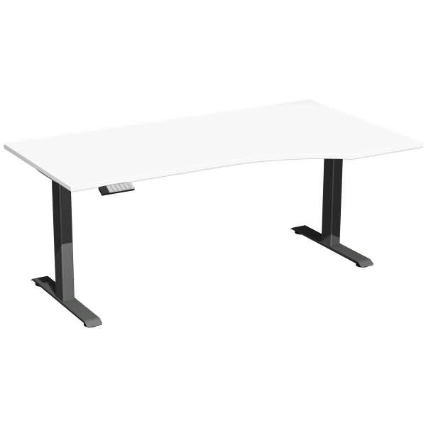 Weißer Stehschreibtisch mit schwarzen Doppelbeinen und einem kleinen Bedienfeld auf der linken Seite auf einem neutralen Hintergrund.