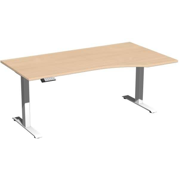 Heller rechteckiger Schreibtisch aus Holz mit grauen Metallbeinen, auf weißem Hintergrund dargestellt.