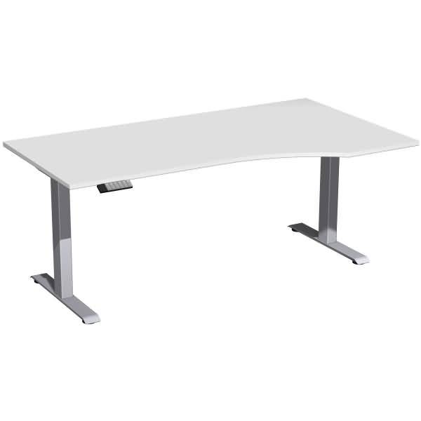 Weißer höhenverstellbarer Bürotisch mit rechteckiger Platte und zwei Metallbeinen, vor einem einfachen weißen Hintergrund gezeigt.