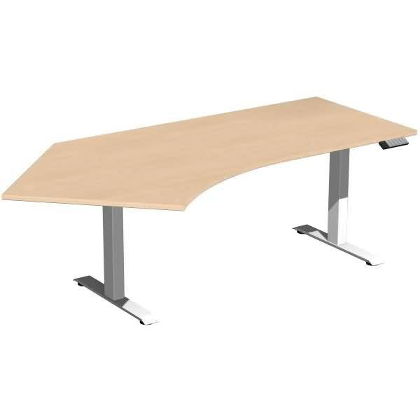 L-förmiger Schreibtisch aus hellem Holz mit zwei grauen Metallbeinen auf weißem Hintergrund.
