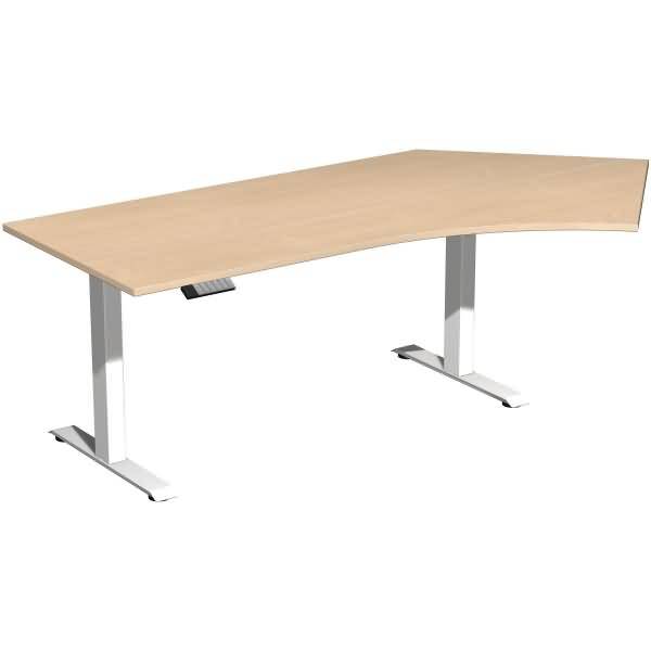 L-förmiger Schreibtisch aus hellem Holz mit weißen Metallbeinen und verstellbaren Füßen, gezeigt auf einem einfachen weißen Hintergrund.