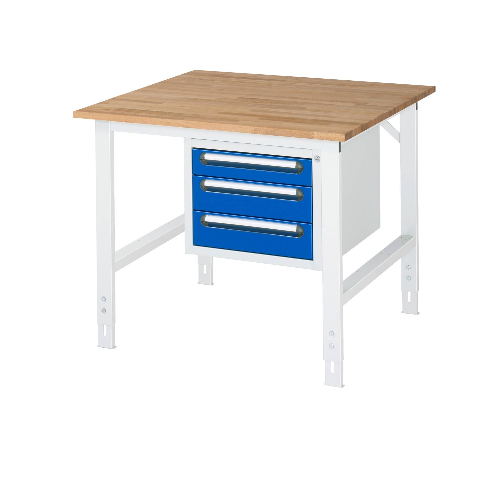 RAU Arbeitstisch 1000x1000x760-1080 3xSchub B-Platte 25mm l.gr/e.bl