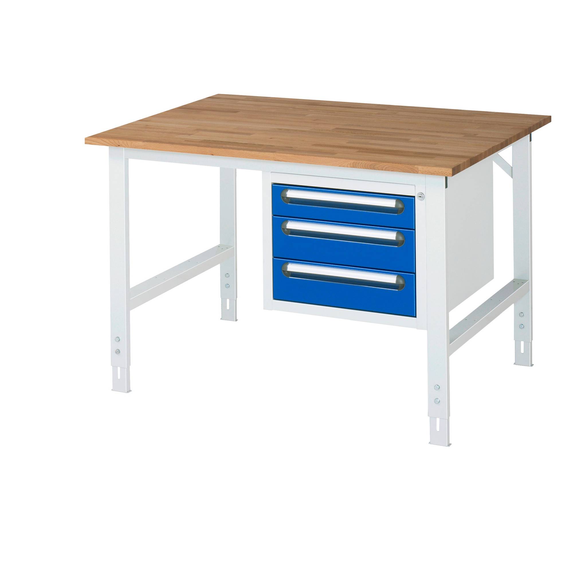 RAU Arbeitstisch 1250x1000x910-1230 3xSchub B-Platte 25mm l.gr/e.bl