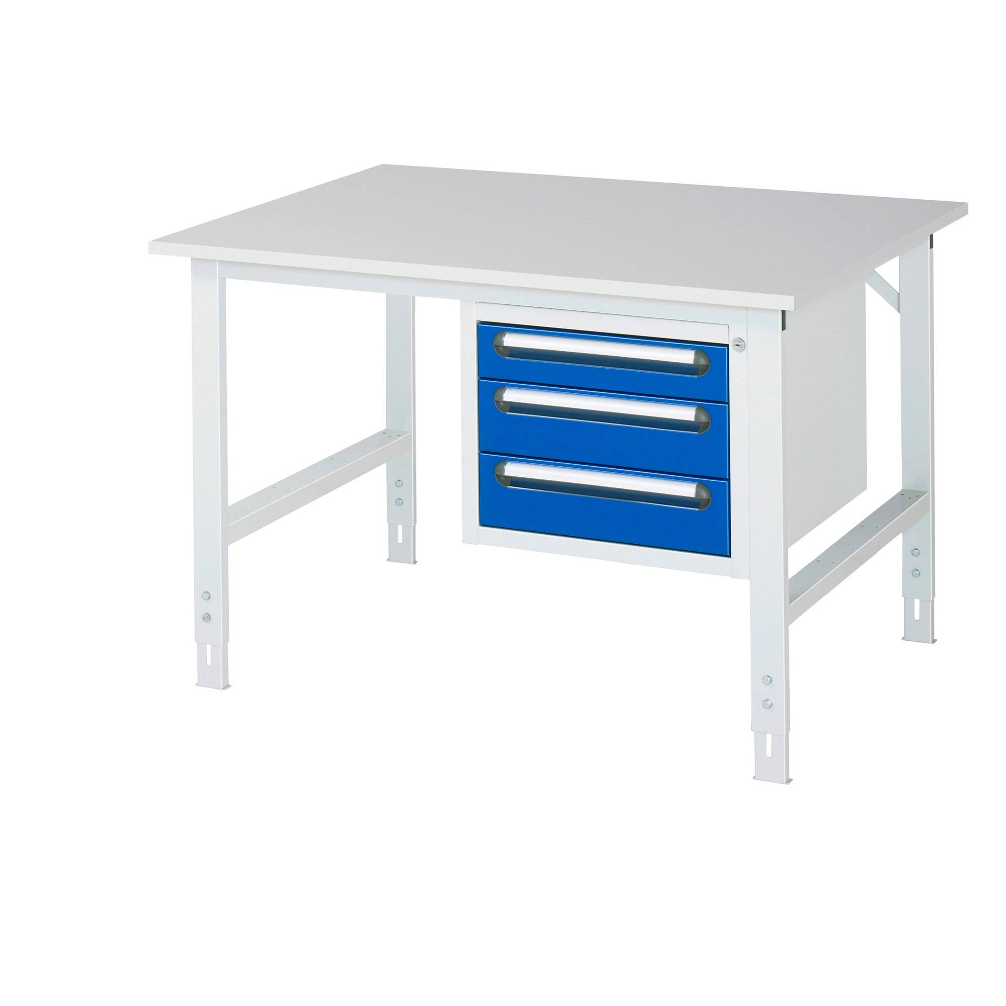 RAU Arbeitstisch 1250x1000x760-1080 3xSchub M-Platte 22mm l.gr/e.bl