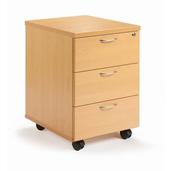 Mobiles Sockelschrank aus hellem Holz mit drei Schubladen und Laufrollen auf weißem Hintergrund.