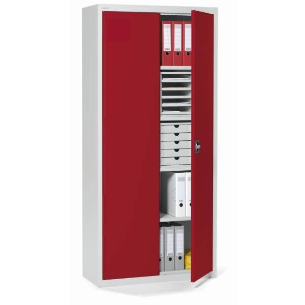 Rotes Bürolagerschrank offen, um Ordner, Schubladen, Tabletts und Regale mit Dateien im Inneren zu zeigen.