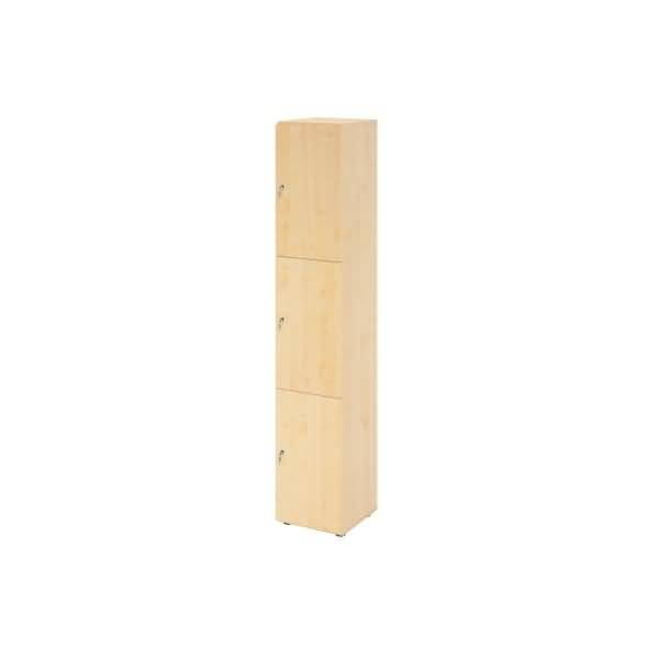 Hoher, heller Holzschrank mit drei vertikalen Kllapptüren auf weißem Hintergrund.