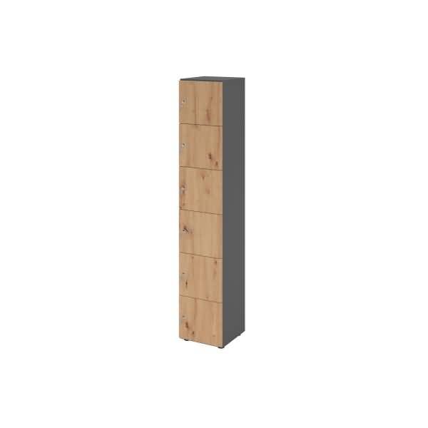 Hoher, schmaler Holzlagerschrank mit fünf Fronttüren und dunklem grauem Seitenpaneel, isoliert auf weißem Hintergrund dargestellt.