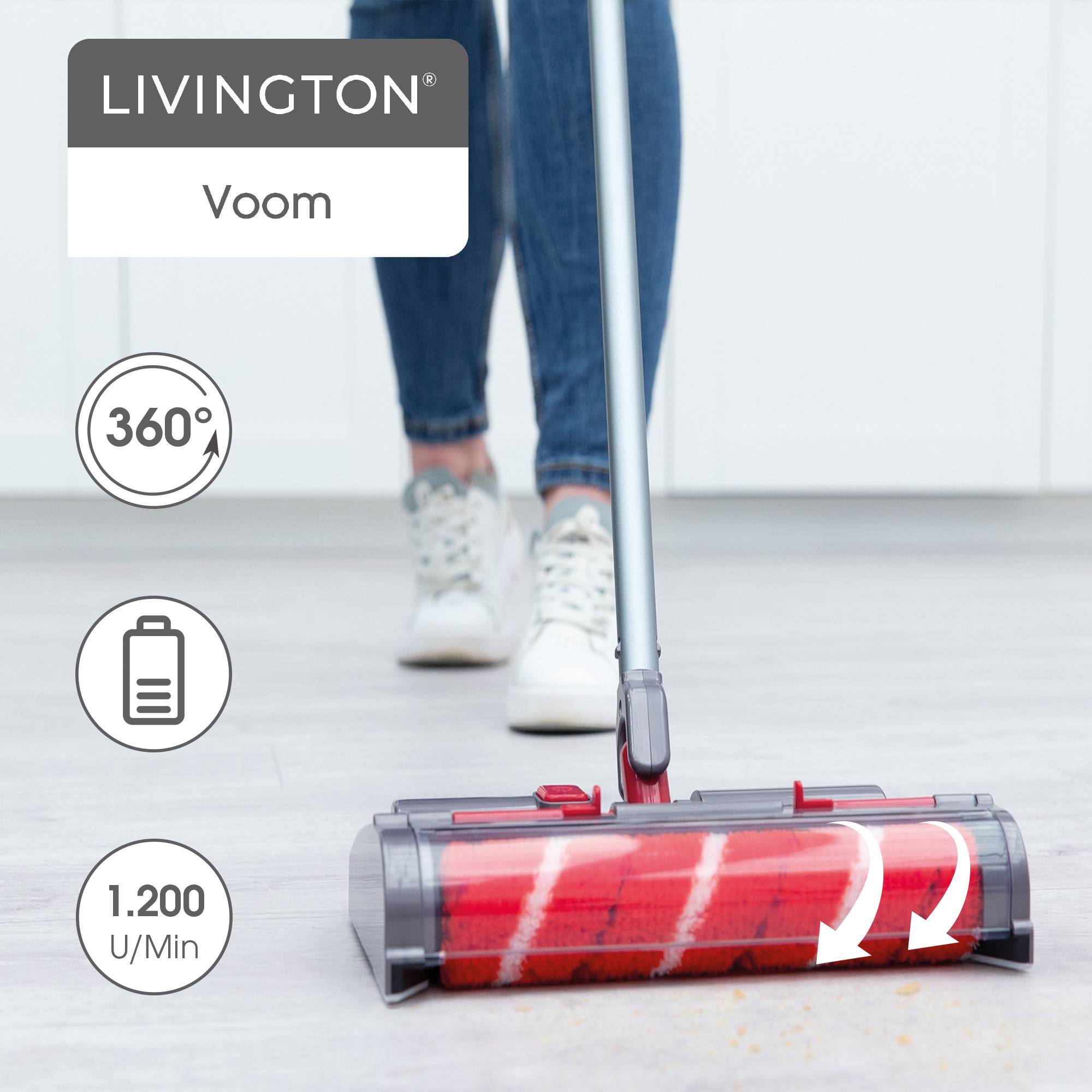 Livington Voom Kabelloser Turbo-Akku-Besen - elektrischer Besen für alle Bodenarten -Selbstreinigende Anti-Clog-Bürstenrolle - Kehrbesen - schnelle