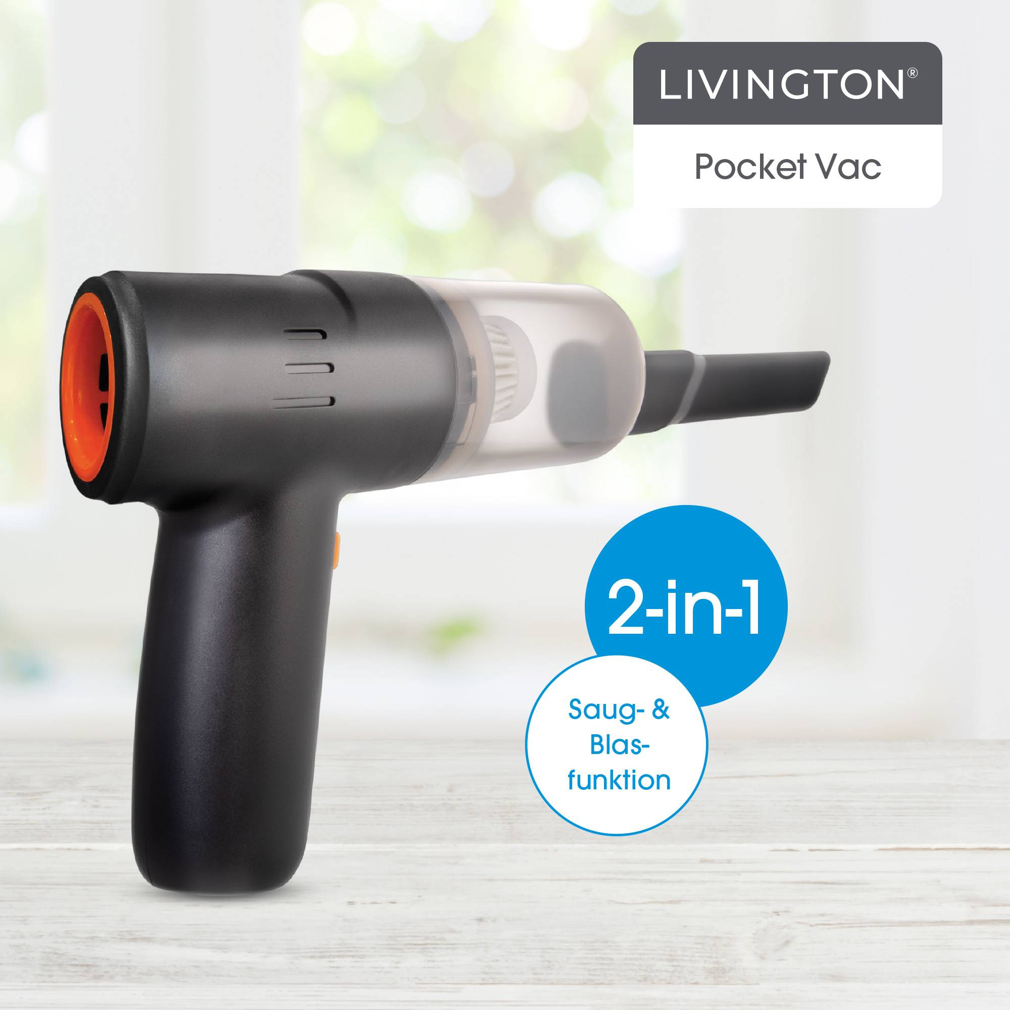 Livington PocketVac - Akku Handstaubsauger mit Gebläse - kabelloser Mini Staubsauger für Auto, Büro & Zuhause - Auto Staubsauger mit Aufsätzen, Fi