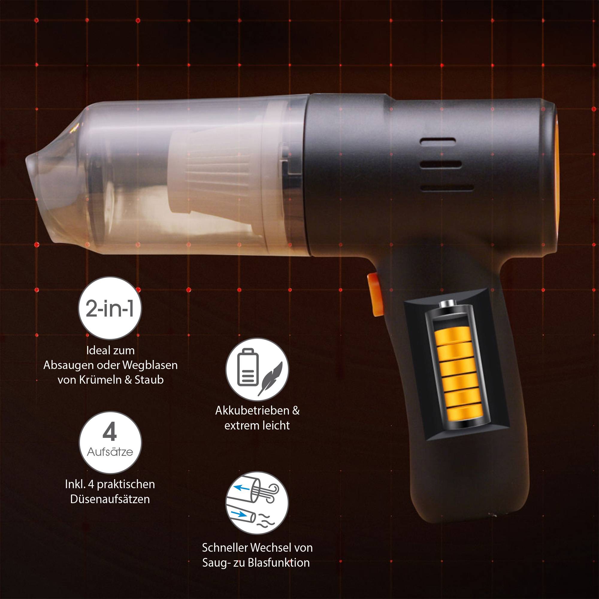 Livington PocketVac - Doppelpack - Akku Handstaubsauger mit Gebläse - kabelloser Auto-Staubsauger inkl. Aufsätze, USB-C Kabel, Aufbewahrungstasche