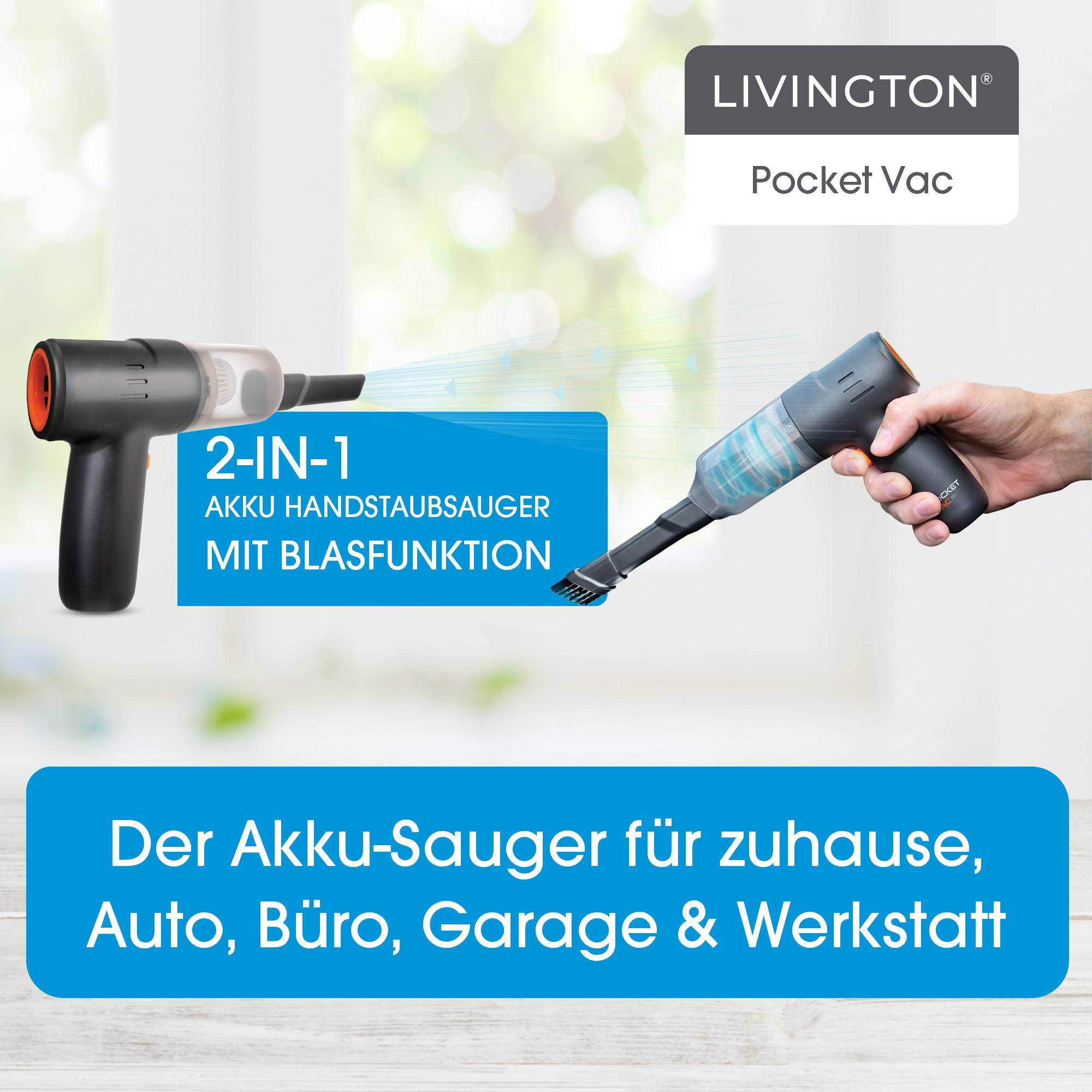 Livington PocketVac - Doppelpack - Akku Handstaubsauger mit Gebläse - kabelloser Auto-Staubsauger inkl. Aufsätze, USB-C Kabel, Aufbewahrungstasche