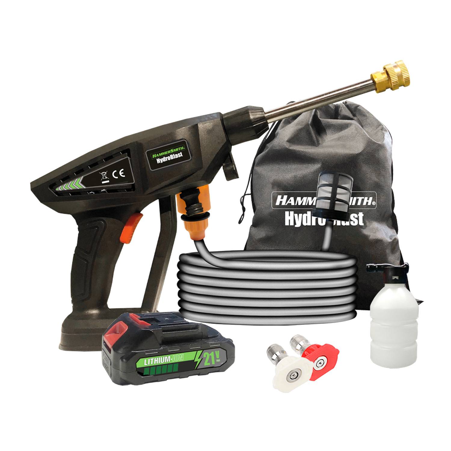 Hammersmith HydroBlast - kabellose Akku Reinigungspistole mit Wassertank & Zubehör - Akku Druckreiniger für Gartenschlauch - Hochdruck Waschpistole