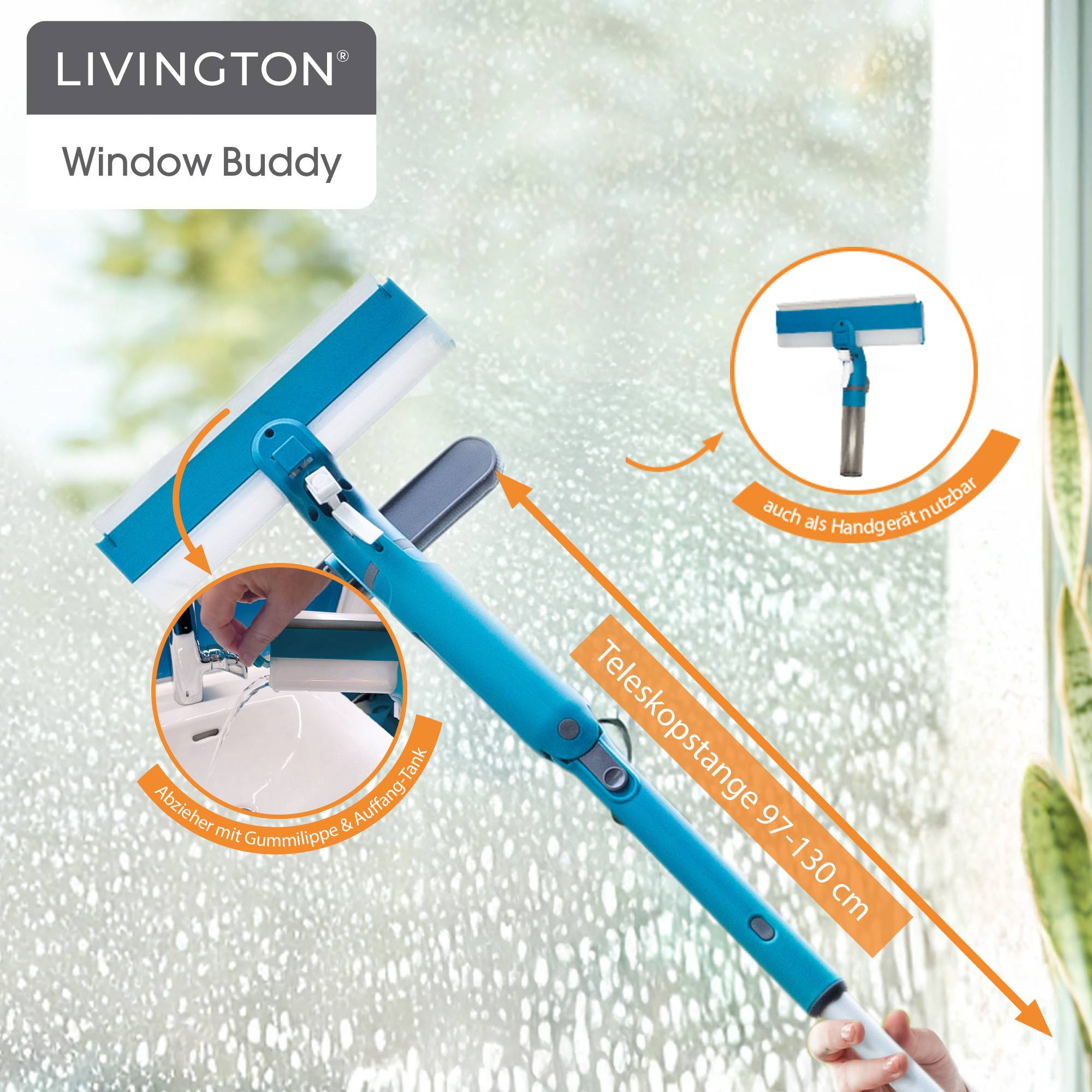 Livington Window Buddy - Doppelpack - Fensterreinigungsgerät - Fensterreiniger mit Teleskopstange - Fensterabzieher - Fensterwischer - Duschabzieher