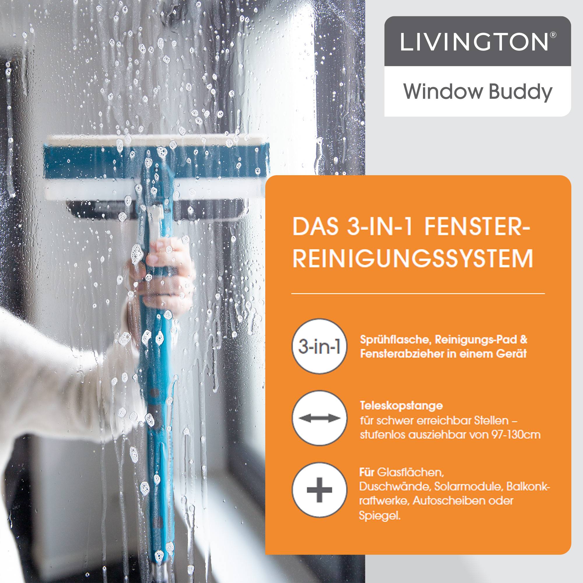 Livington Window Buddy - Doppelpack - Fensterreinigungsgerät - Fensterreiniger mit Teleskopstange - Fensterabzieher - Fensterwischer - Duschabzieher