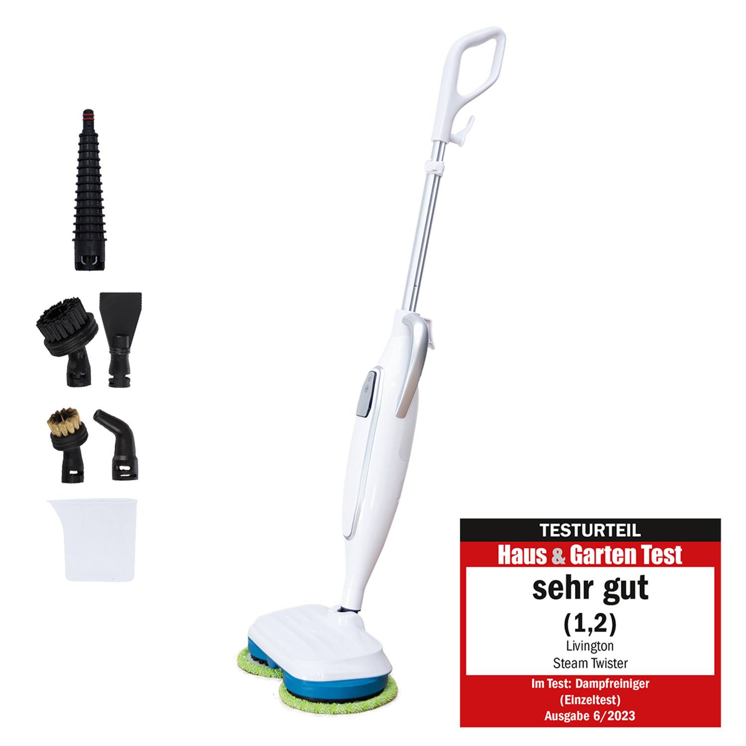 Livington Steam Twister weiß - rotierender Dampfreiniger inkl. Zubehör - Dampfbesen & Handdampfreiniger - Entfernt bis zu 99,9% der Bakterien - el
