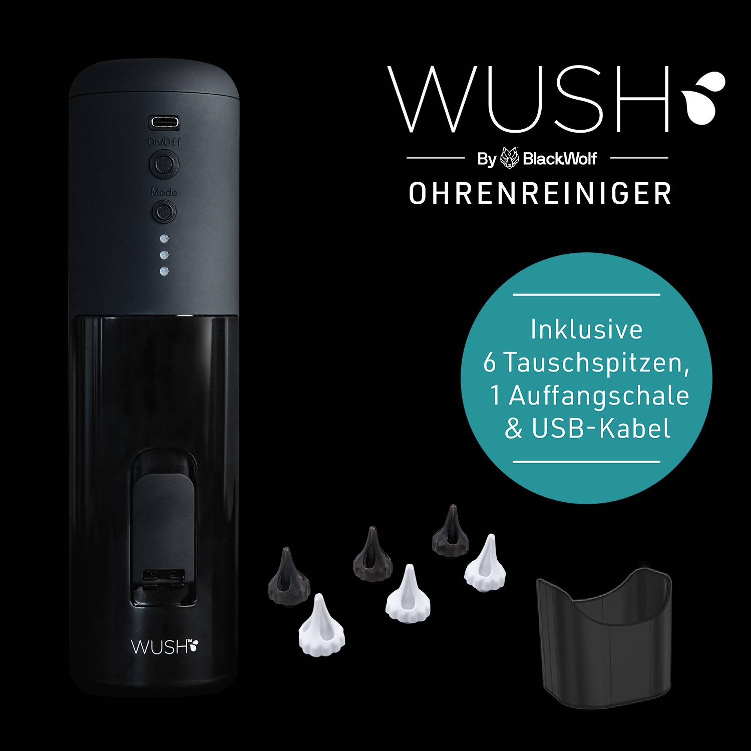 Wush - elektrischer Ohrenreiniger inkl. 6 Ersatzspitzen - Ohrenschmalz Entferner - Ohrenspülung mit massierenden Wasserstrahl - wasserfestes Ohrspül