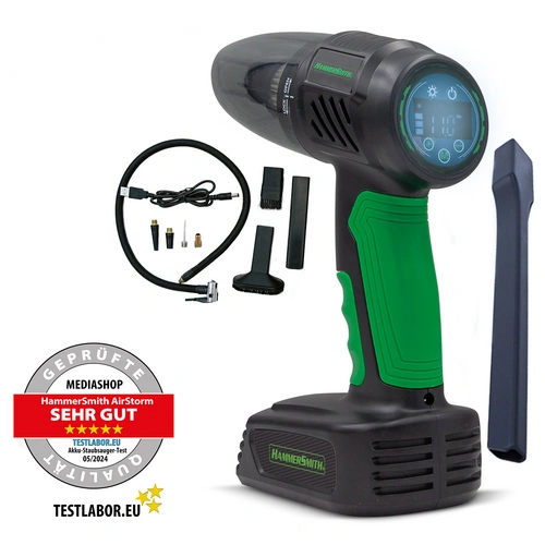 Hammersmith AirStorm - Kabelloser Handstaubsauger & Luftkompressor mit SOS-Licht & umfangreichem Zubehör - Autoreifen aufpumpen - Kontrolle des Hammersmith AirStorm - Kabelloser Handstaubsauger & Luftkompressor mit SOS-Licht & umfangreichem Zubehör - Autoreifen aufpumpen - Kontrolle des