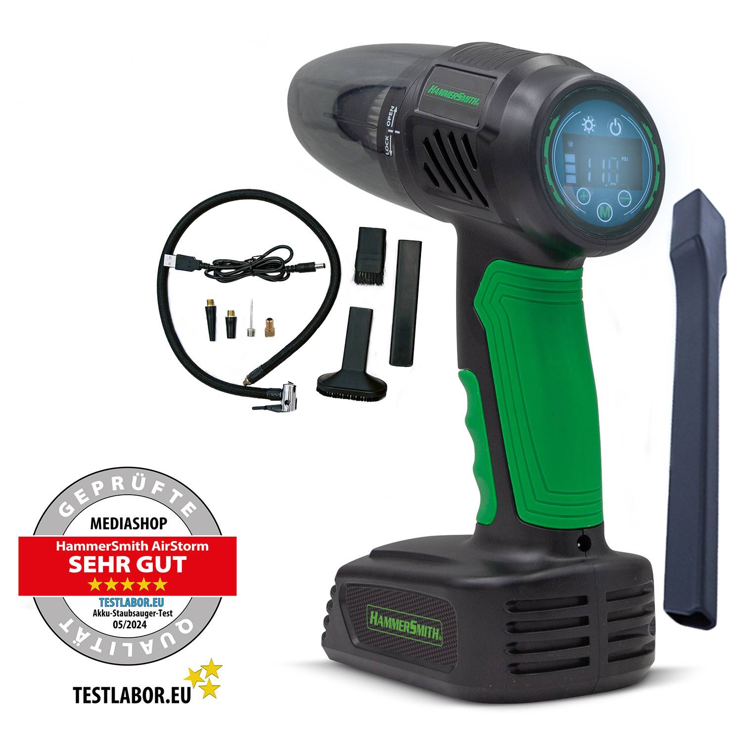 Hammersmith AirStorm - kabelloser Handstaubsauger & Luftkompressor - Auto Staubsauger mit Hepa Filter, LED-Licht & Notfallfunktion - elektrische