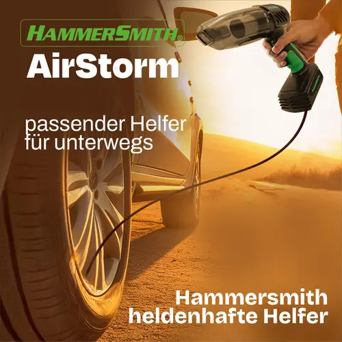 Hammersmith AirStorm - Kabelloser Handstaubsauger & Luftkompressor mit SOS-Licht & umfangreichem Zubehör - Autoreifen aufpumpen - Kontrolle des Hammersmith AirStorm - Kabelloser Handstaubsauger & Luftkompressor mit SOS-Licht & umfangreichem Zubehör - Autoreifen aufpumpen - Kontrolle des