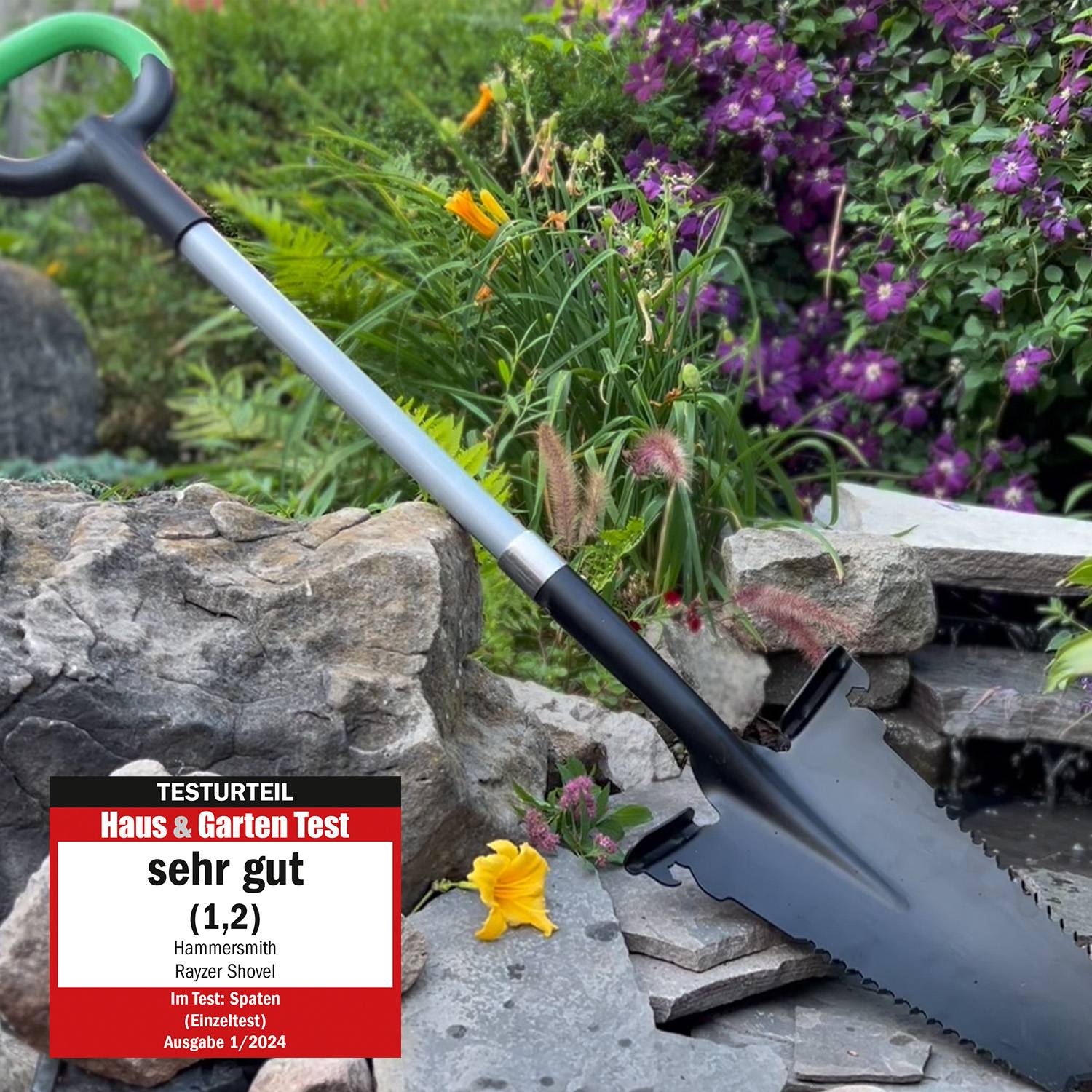 Hammersmith RayzerShovel - Spaten mit Wurzelsäge - Gärtnerspaten für harte & steinige Böden zum Graben, Schneiden & Sägen - Trittkante für mehr