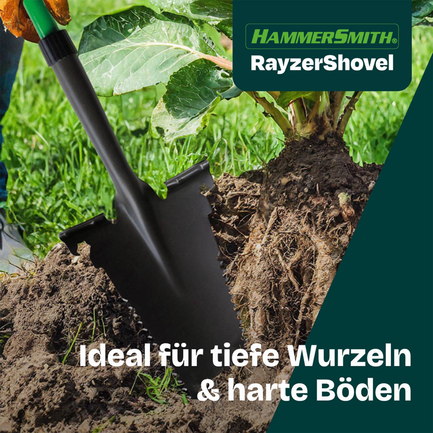 Hammersmith RayzerShovel - Spaten mit Wurzelsäge - Gärtnerspaten für harte & steinige Böden zum Graben, Schneiden & Sägen - Trittkante für mehr