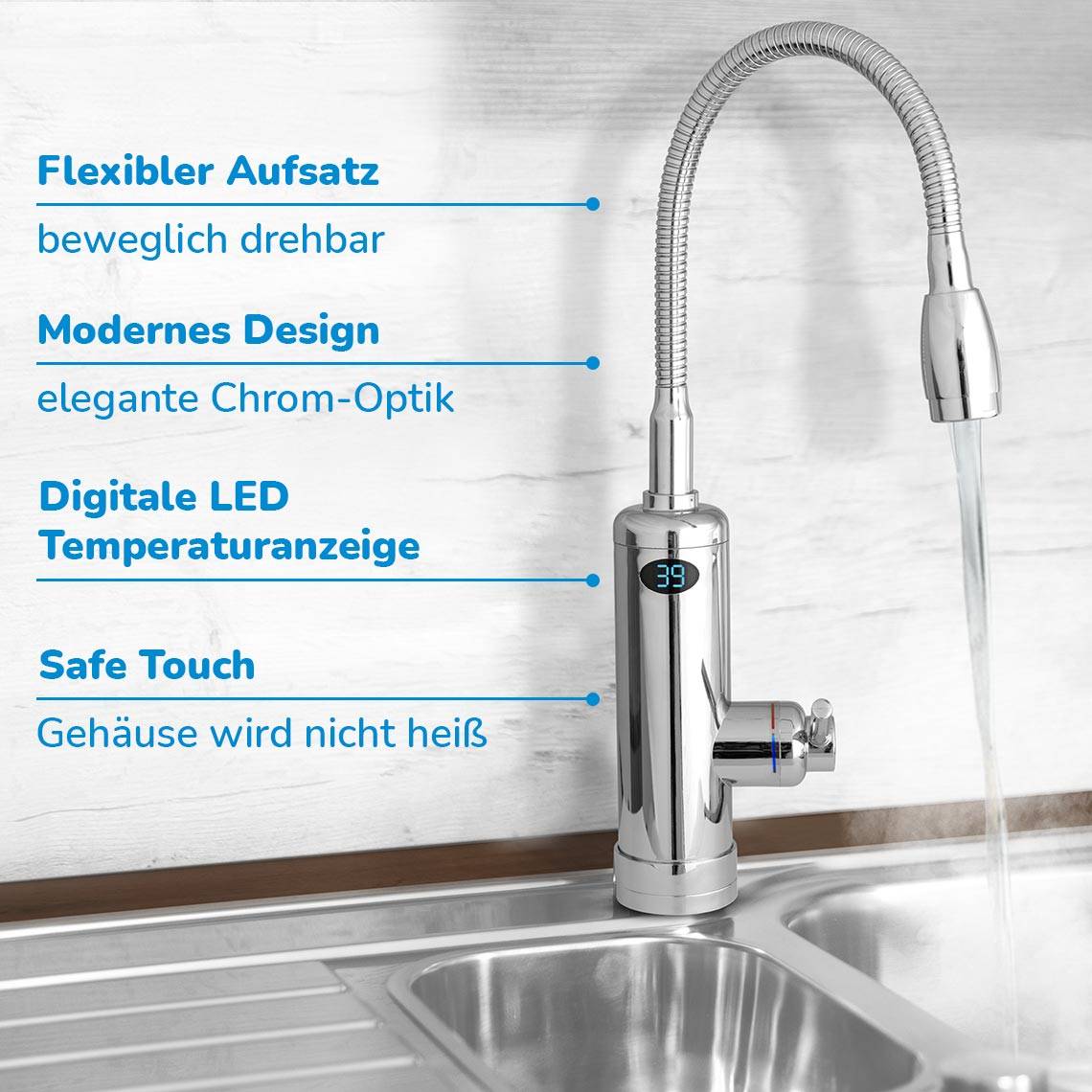 Aquadon Smart Heater Flex Head - Wasserhahn mit integriertem Durchlauferhitzer – beweglicher Aufsatz -Warmwasserhahn - Armatur - sofort Warmwasse