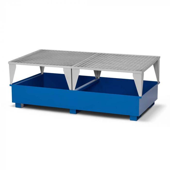 Auffangwannen Typ RTC-22 für IBC aus Stahl - für 2x 1000 Liter IBC - mit Abfüllbock Typ RAB - Farbe RAL 5010 enzianblau
