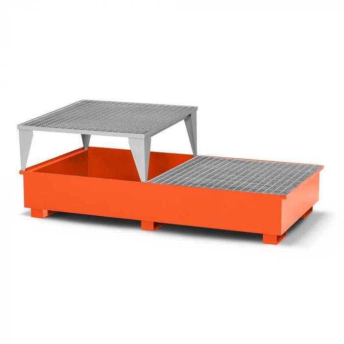 Auffangwannen Typ RTC-21 für IBC aus Stahl - für 2x 1000 Liter IBC - mit Abfüllbock Typ RAB - Farbe RAL 2004 reinorange