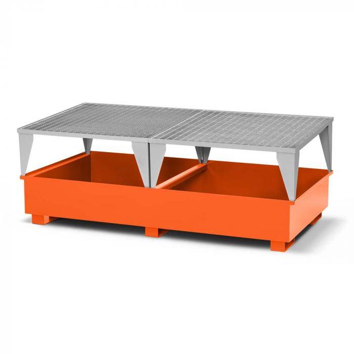 Auffangwannen Typ RTC-22 für IBC aus Stahl - für 2x 1000 Liter IBC - mit Abfüllbock Typ RAB - Farbe RAL 2004 reinorange