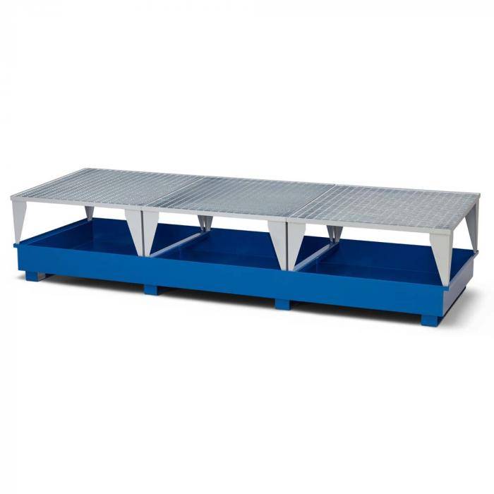 Auffangwannen Typ RTC-33 für IBC aus Stahl - für 3x 1000 Liter IBC - mit Abfüllbock Typ RAB - Farbe RAL 5010 enzianblau