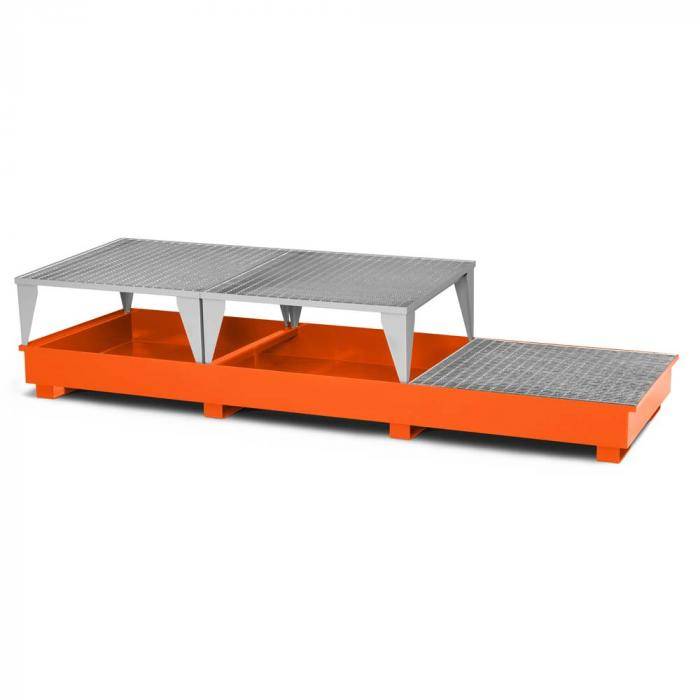 Auffangwannen Typ RTC-32 für IBC aus Stahl - für 3x 1000 Liter IBC - mit Abfüllbock Typ RAB - Farbe RAL 2004 reinorange