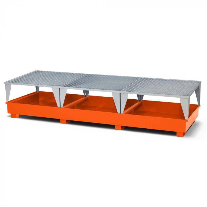 Auffangwannen Typ RTC-33 für IBC aus Stahl - für 3x 1000 Liter IBC - mit Abfüllbock Typ RAB - Farbe RAL 2004 reinorange