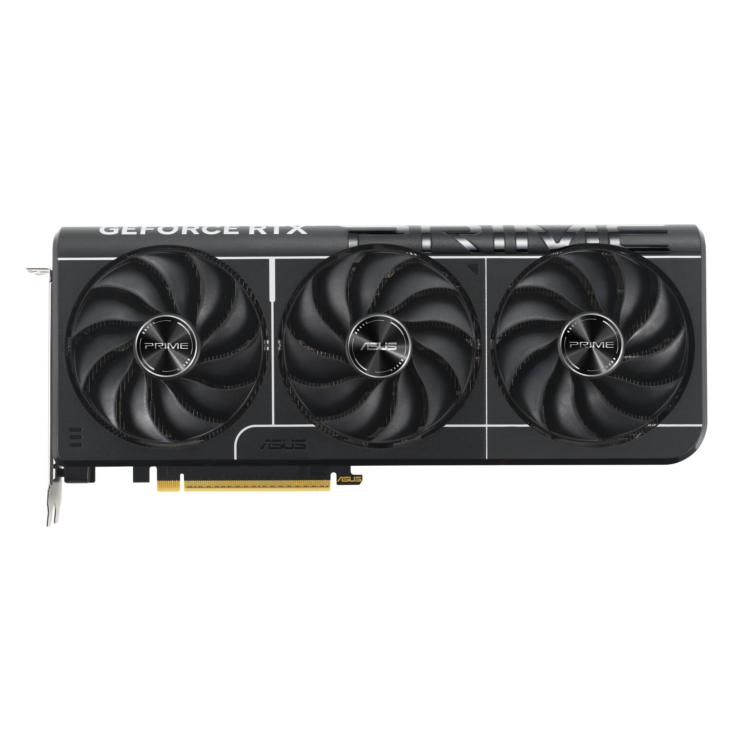 ASUS GeForce RTX Grafikkarte mit drei Kühlventilatoren auf schwarzem Hintergrund, Seitenansicht dargestellt.