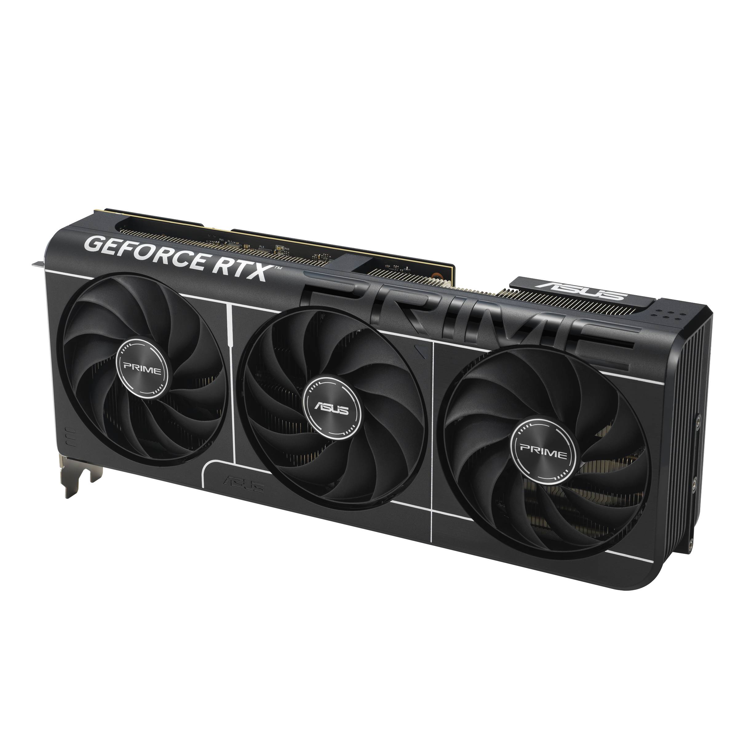 ASUS GeForce RTX Prime Grafikkarte mit drei Kühlventilatoren auf schwarzem Hintergrund.