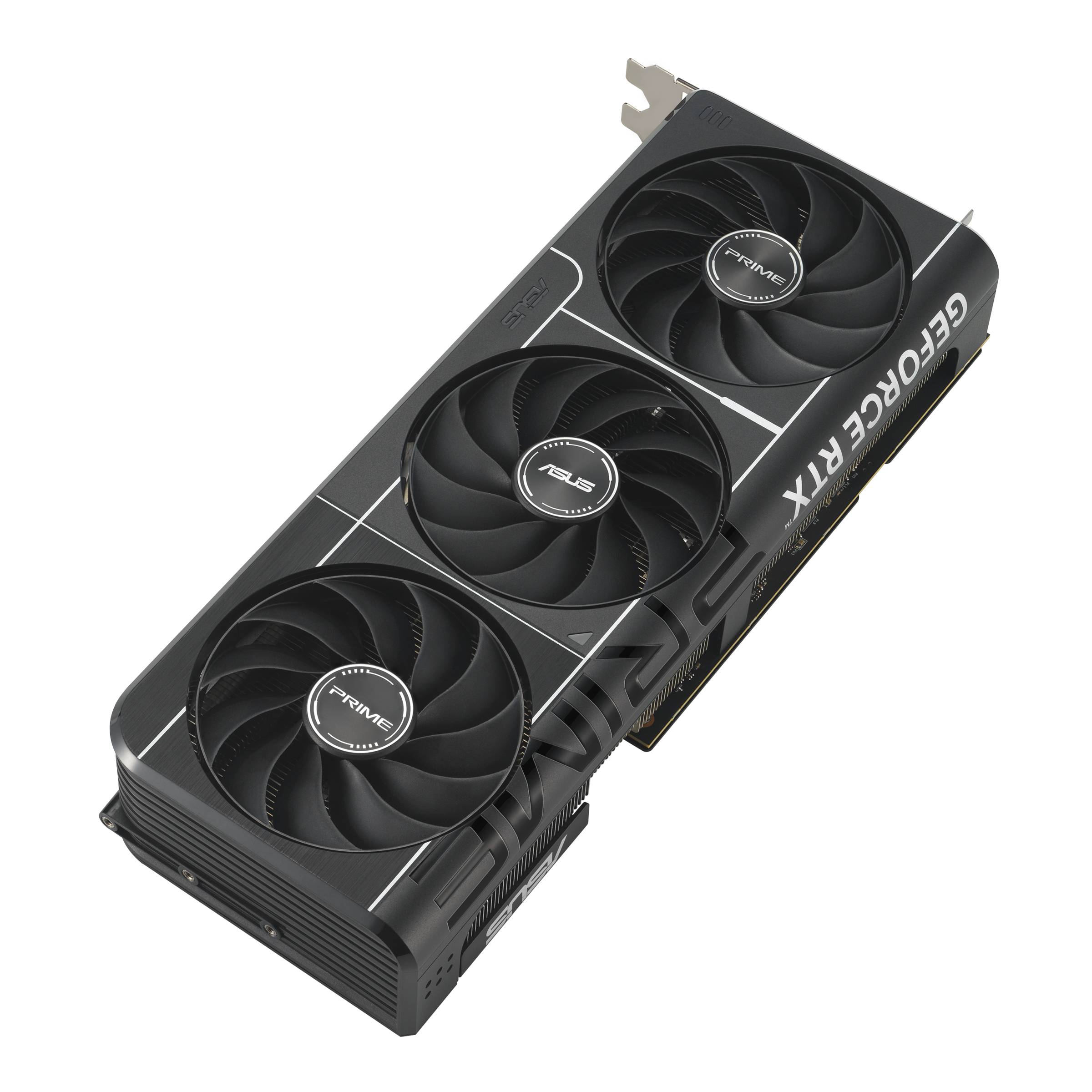 ASUS GeForce RTX Grafikkarte mit drei Kühlventilatoren auf schwarzem Hintergrund.