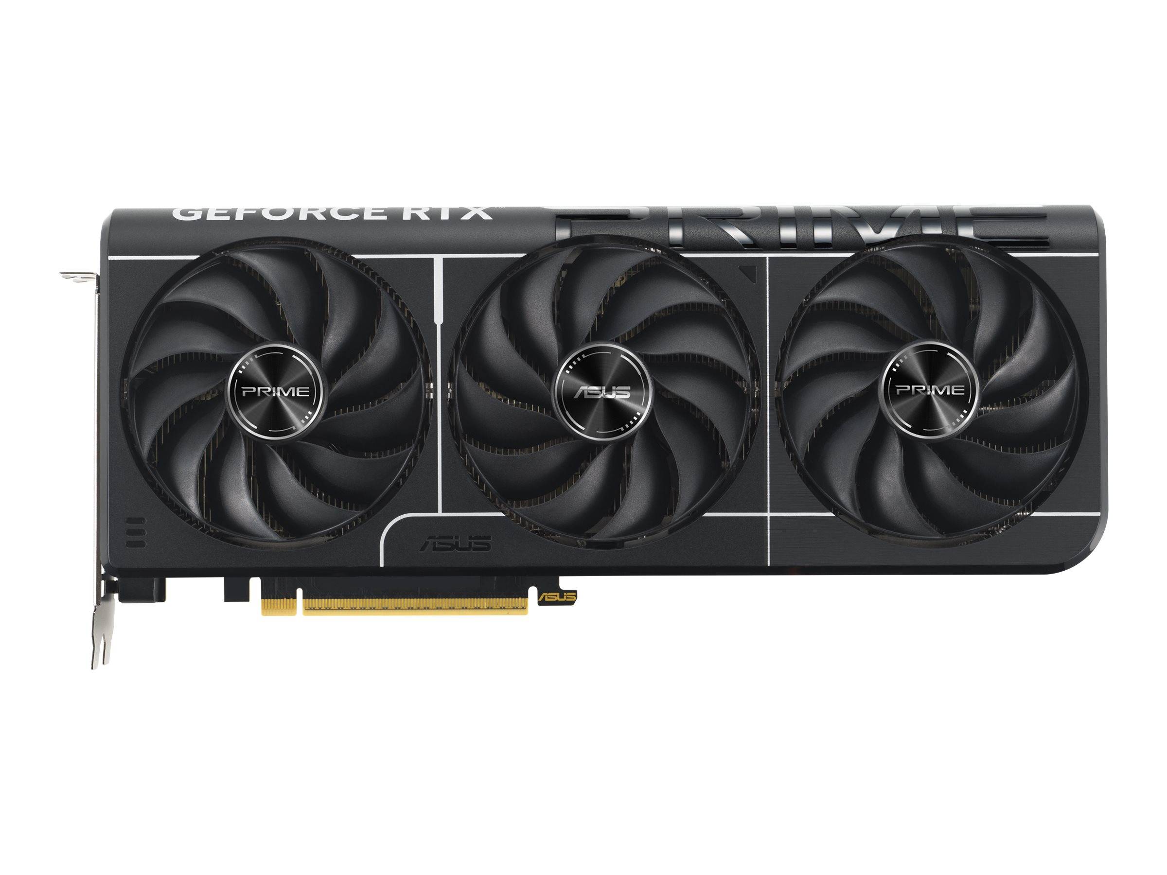 Schwarze GeForce RTX Grafikkarte mit drei Kühlventilatoren auf weißem Hintergrund.