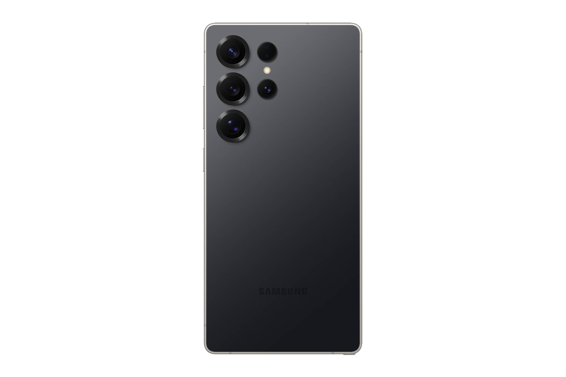 Rückseite eines schwarzen Samsung-Smartphones mit vier Rückkameras und Blitz auf einfachem schwarzem Hintergrund.