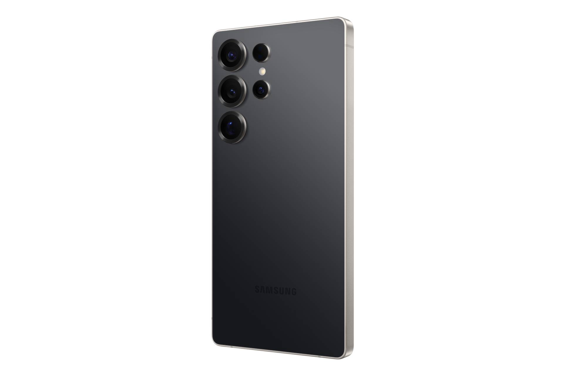 Rückansicht eines schwarzen Samsung-Smartphones mit vier kreisförmigen Kameras und einem Blitz auf einem einfarbigen dunklen Hintergrund.