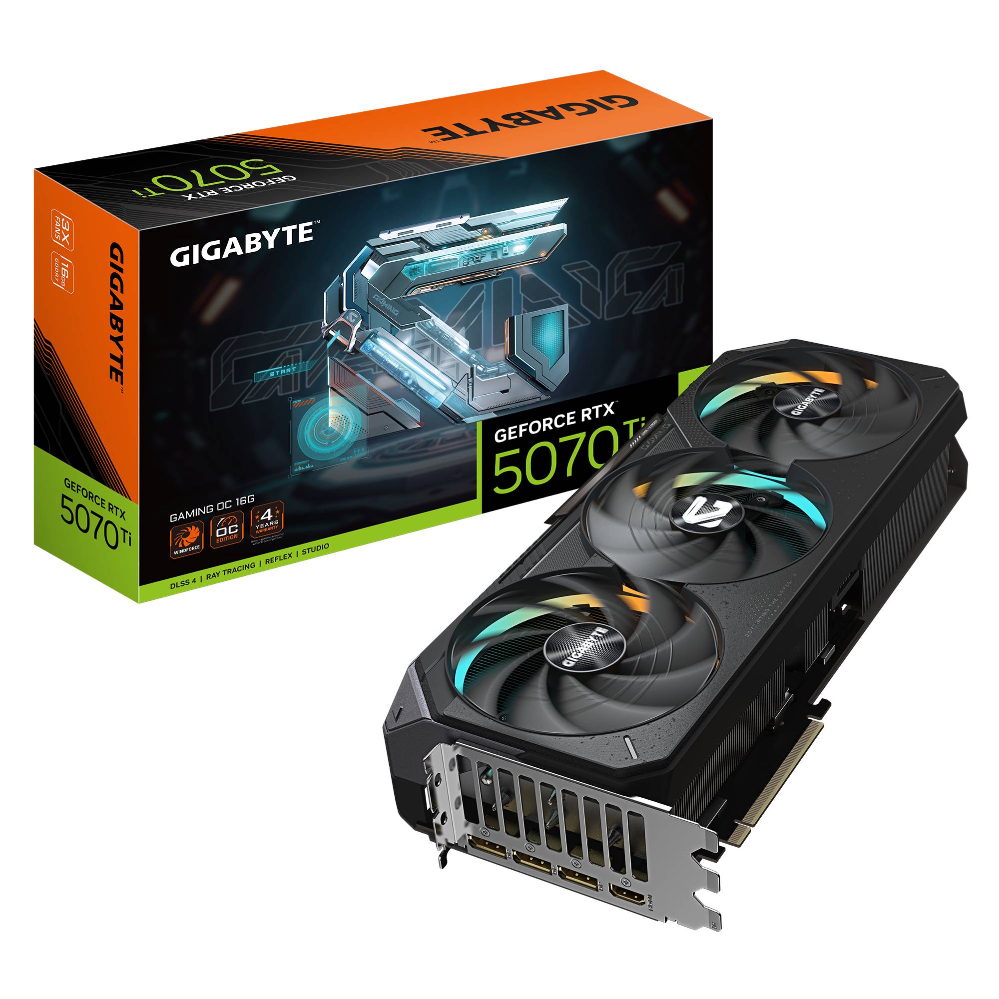 GIGABYTE GeForce RTX 5070 Ti Grafikkarte mit ihrer Einzelhandelsverpackung auf schwarzem Hintergrund dargestellt.