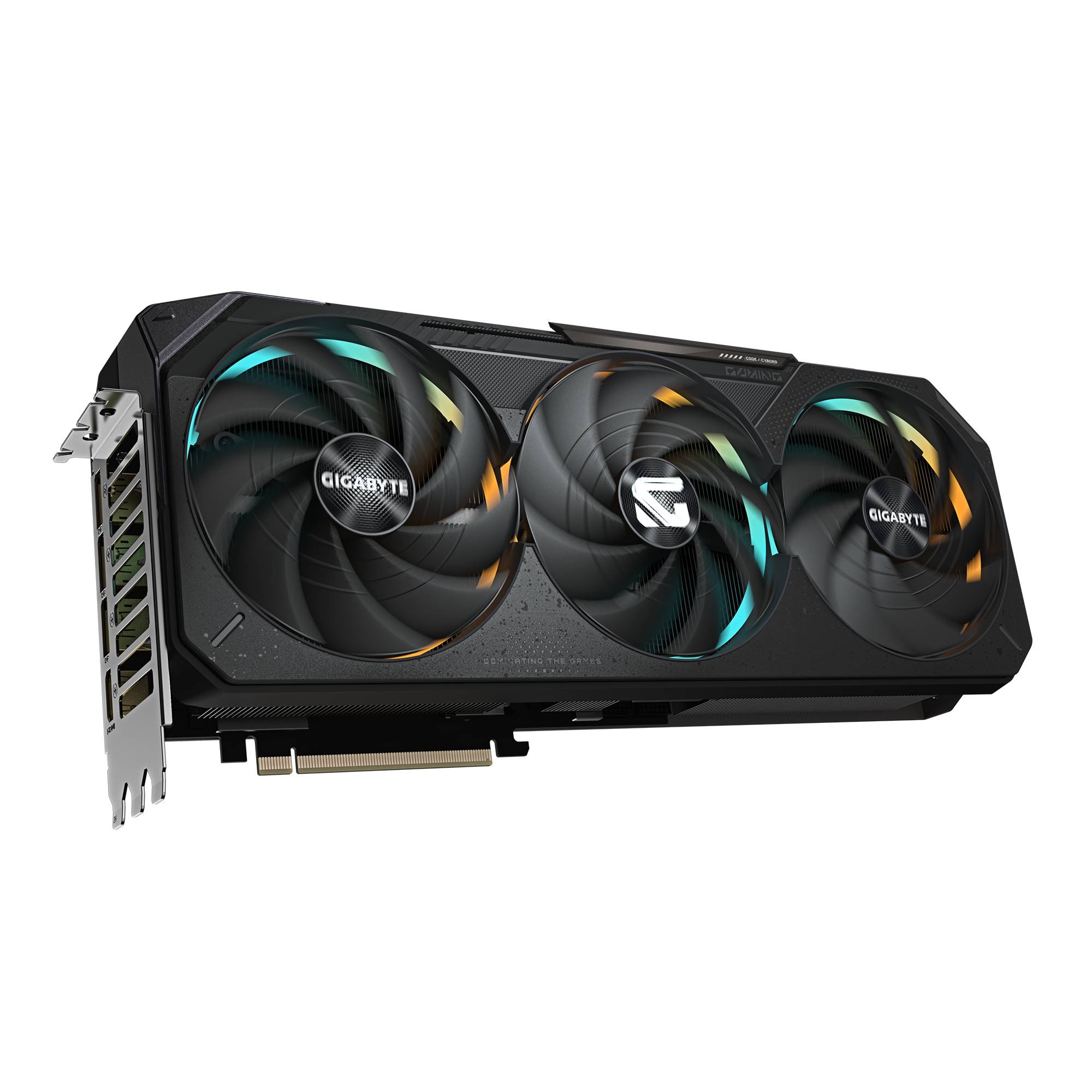 Gigabyte-Grafikkarte mit drei Kühlventilatoren und Metallhalterung, gezeigt vor schwarzem Hintergrund.