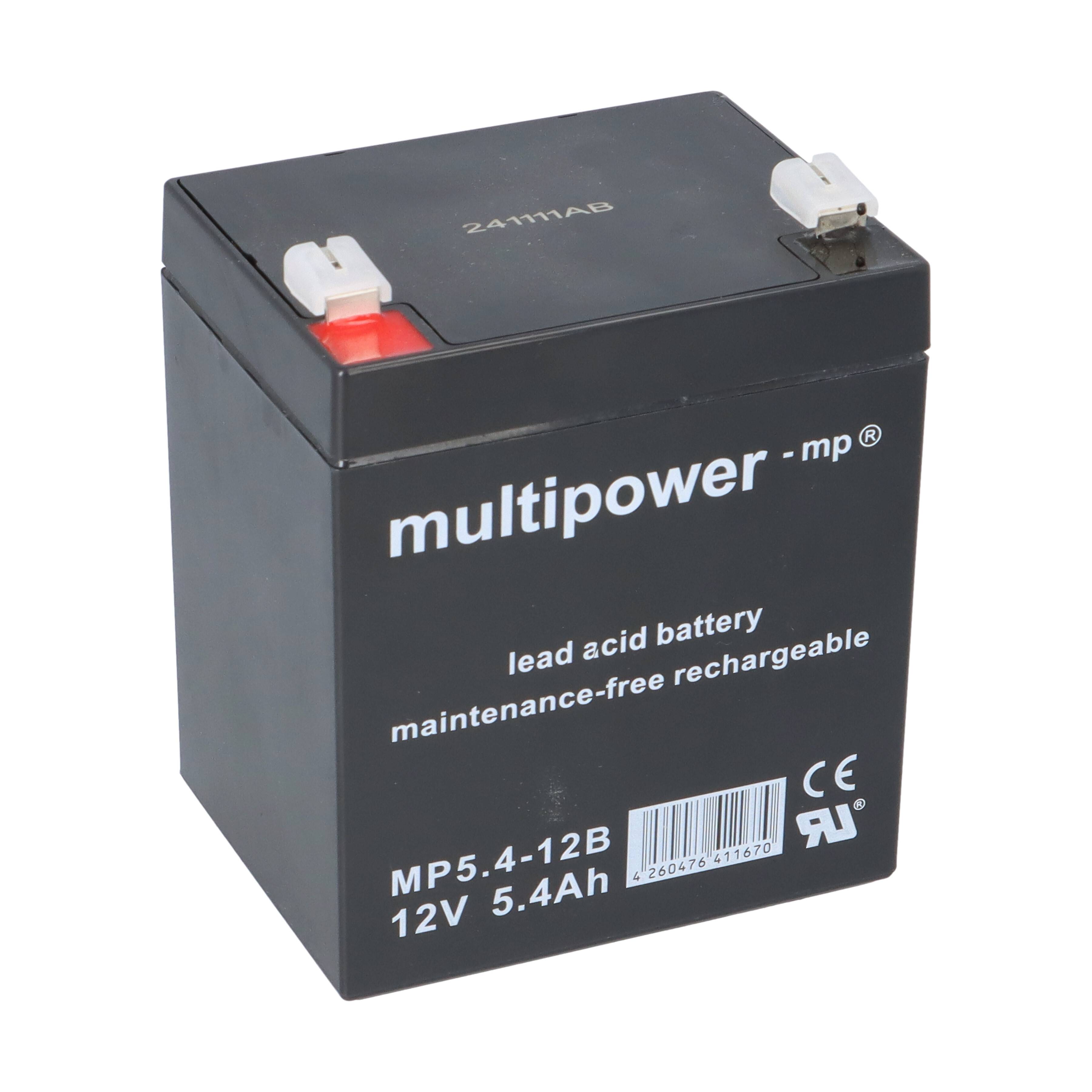 Eine schwarze Multipower-Blei-Säure-Batterie, beschriftet mit 'MP 5.4-12B 12V 5.4Ah', mit einem roten positiven Pol und einem weißen negativen Pol oben.