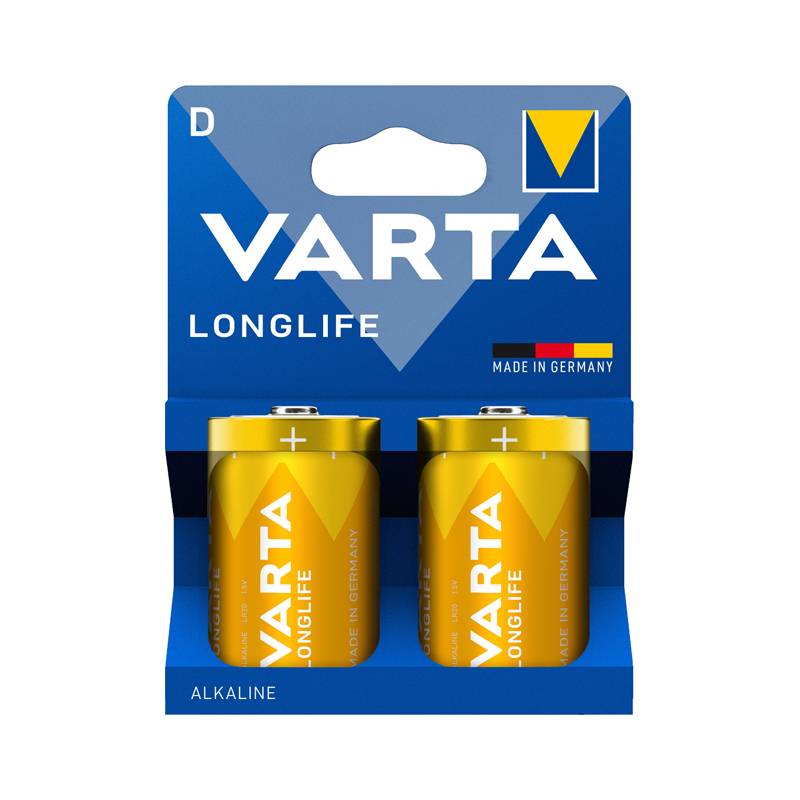 Packung mit zwei VARTA Longlife Alkaline-Batterien in blauer Einzelhandelsverpackung, gekennzeichnet mit 