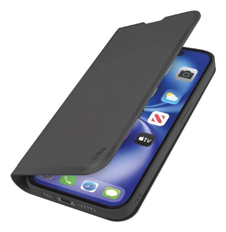 Schwarze Schutzklapptasche, die den Smartphone-Bildschirm teilweise abdeckt, mit offener Vorderseite, auf der App-Symbole zu sehen sind.