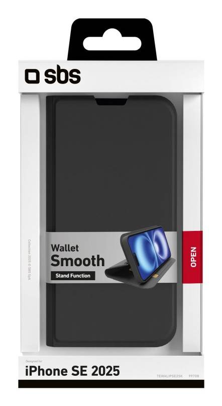 SBS Wallet Smooth Schutzhülle für iPhone SE 2025, Schwarz mit Ständerfunktion, gezeigt in Einzelhandelsverpackung.