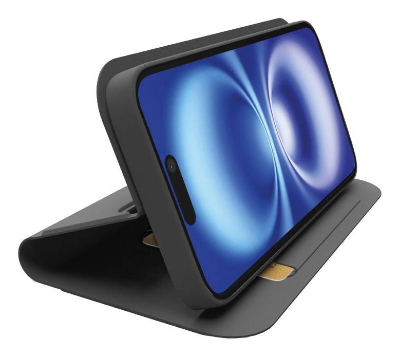 Tablet in einem schwarzen Klappetui-Ständer, schräg auf weißem Hintergrund mit eingeschaltetem Bildschirm dargestellt.