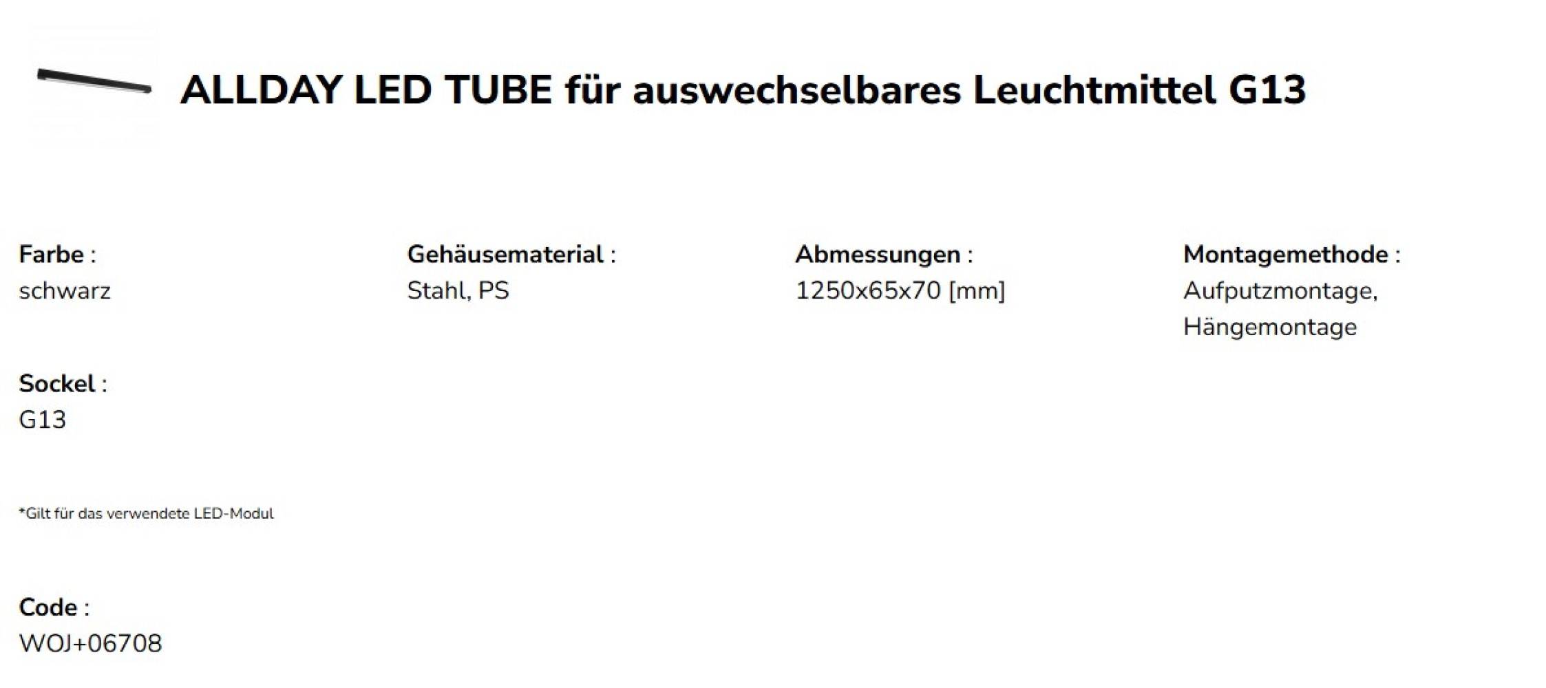 Spectrum LED ALLDAY Deckenleuchte 125cm IP20 schwarz für 1 x T8 LED Röhre G13 120 cm