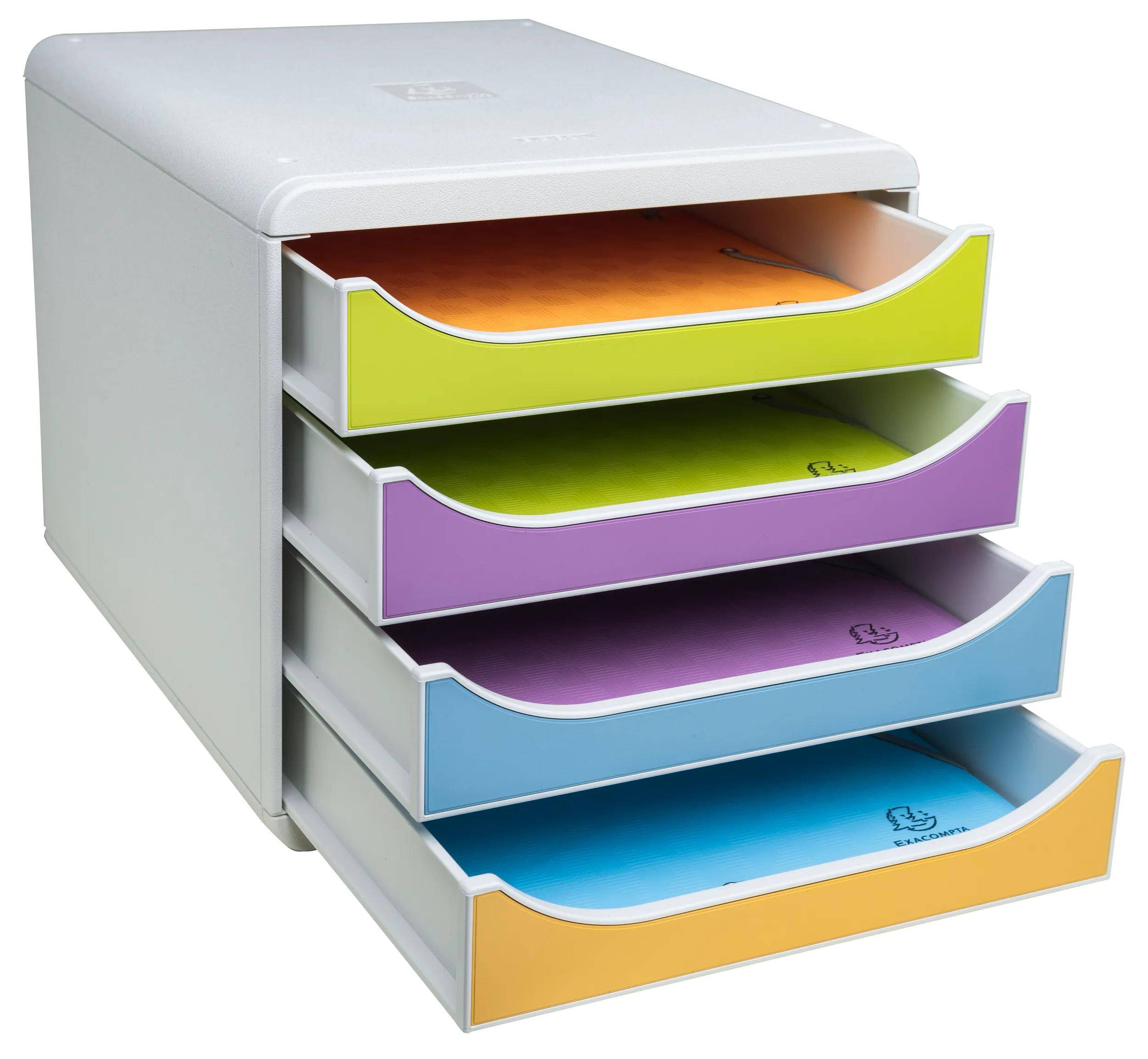 Ein weißer Mehrsorten-Organizer mit vier offenen Schubladen, von denen jede Papier in verschiedenen Farben enthält: gelb, grün, lila und blau.