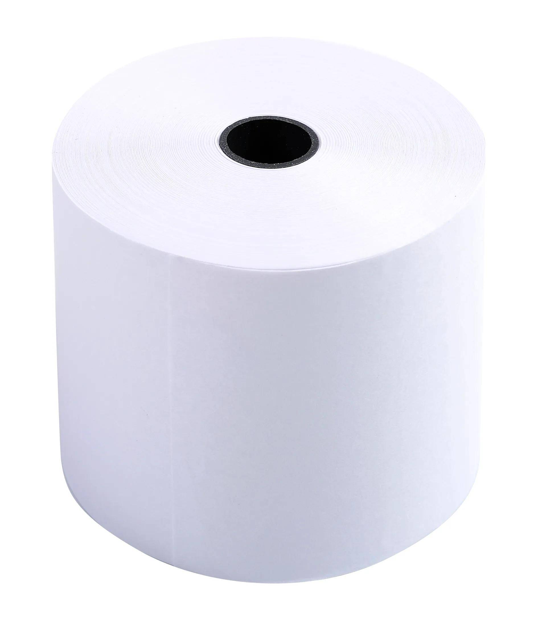 Eine große weiße Papierrolle mit einer schwarzen Mittelröhre, die typischerweise für Quittungen oder Thermodruck verwendet wird.
